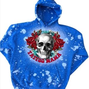 New Gildan Blue Hoodie with Skull and Roses Design
